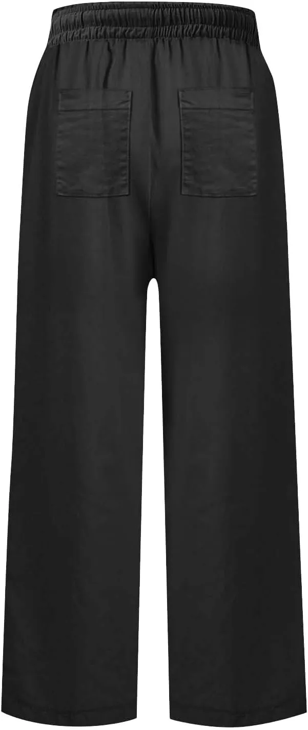 Wide Leg Linen Pants Woman Elastic High Waist Cropped Slacks Trendy Summer Business Casual Work Lounge Trouser Pockets