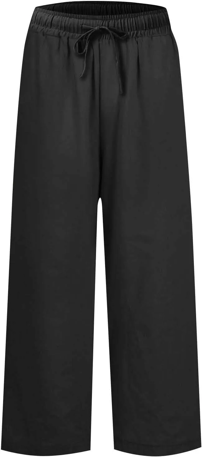 Wide Leg Linen Pants Woman Elastic High Waist Cropped Slacks Trendy Summer Business Casual Work Lounge Trouser Pockets