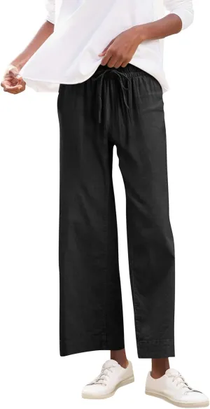 Wide Leg Linen Pants Woman Elastic High Waist Cropped Slacks Trendy Summer Business Casual Work Lounge Trouser Pockets