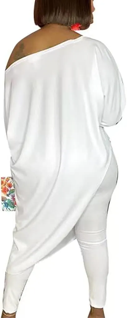 WOKANSE Women's Solid 3/4 Sleeve Tracksuits Set One Off Shoulder Asymmetric Top Skinny Long Pant 2 Piece Loungewear