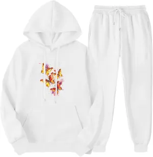 Women 2 Piece Outfits Lounge Sets Cute Butterfly Graphic Hoodie Sweatshirt Sweatpants Tracksuit Sweatsuit Set Pockets