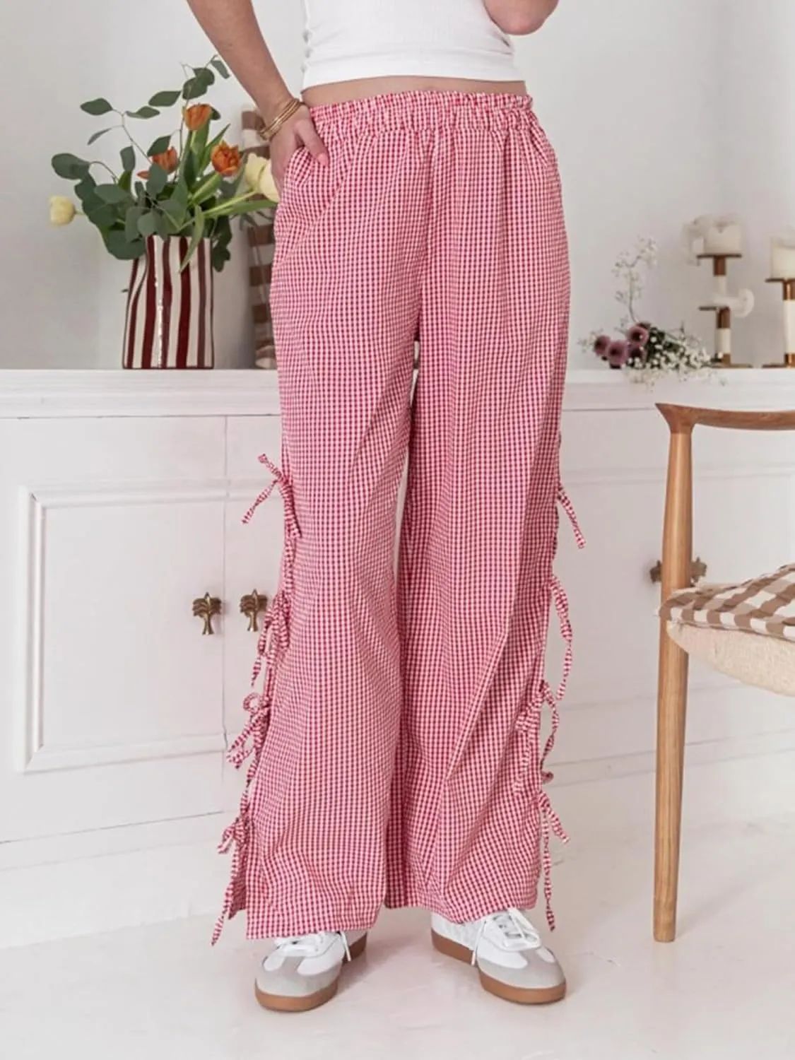 Women Bow Tie Side Split Wide Leg Y2k Plaid Pants High Waist Print Lounge Pants Trousers