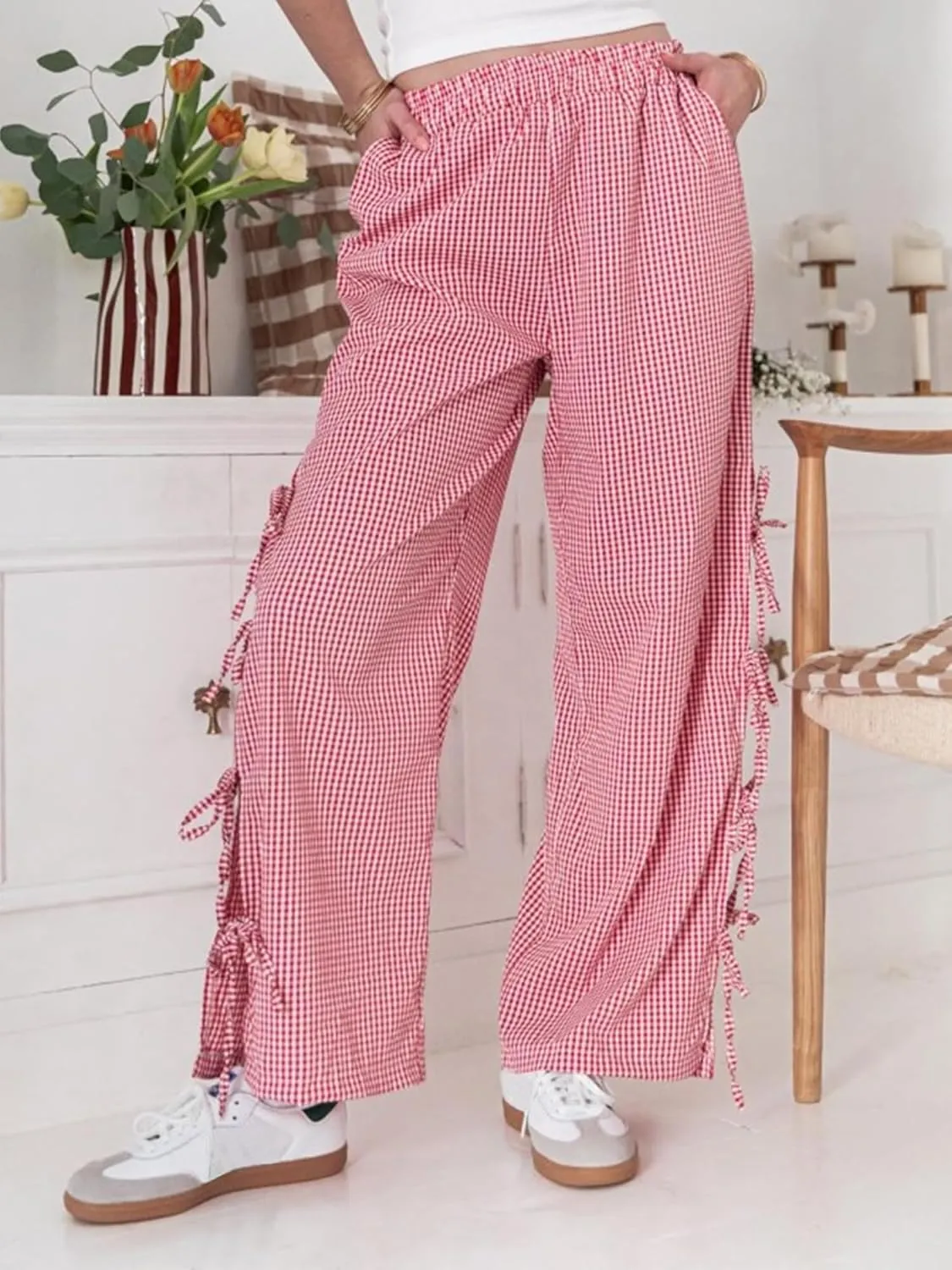 Women Bow Tie Side Split Wide Leg Y2k Plaid Pants High Waist Print Lounge Pants Trousers
