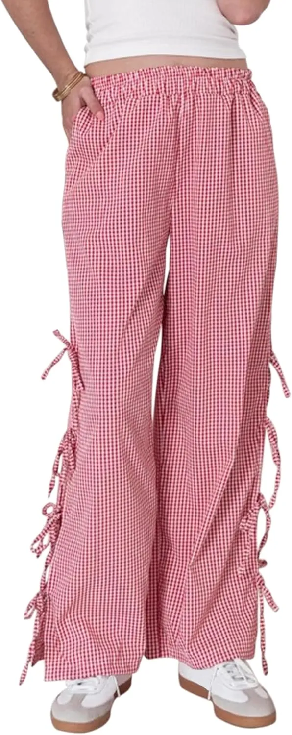 Women Bow Tie Side Split Wide Leg Y2k Plaid Pants High Waist Print Lounge Pants Trousers