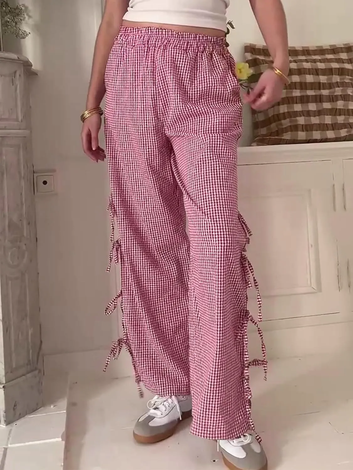 Women Bow Tie Side Split Wide Leg Y2k Plaid Pants High Waist Print Lounge Pants Trousers