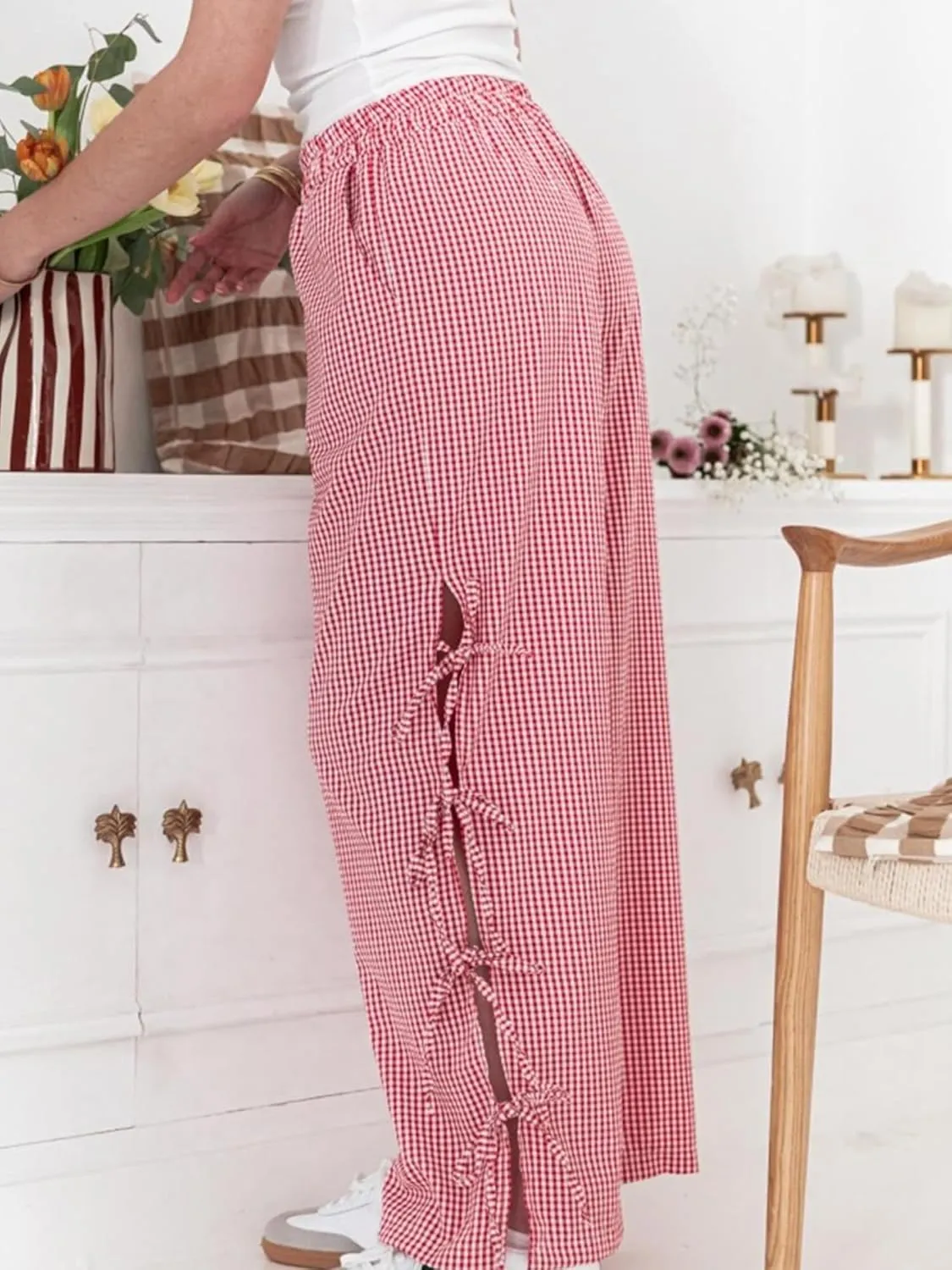 Women Bow Tie Side Split Wide Leg Y2k Plaid Pants High Waist Print Lounge Pants Trousers