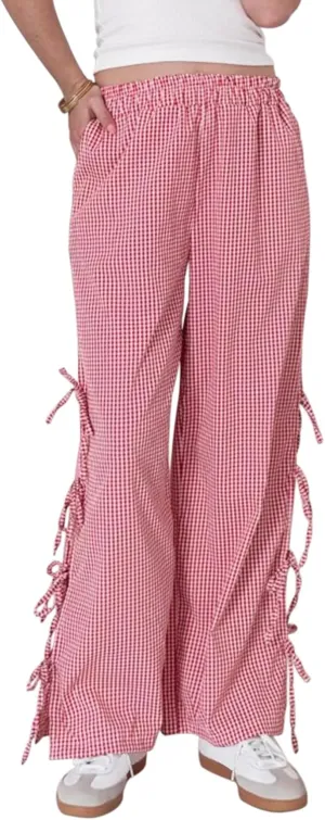 Women Bow Tie Side Split Wide Leg Y2k Plaid Pants High Waist Print Lounge Pants Trousers