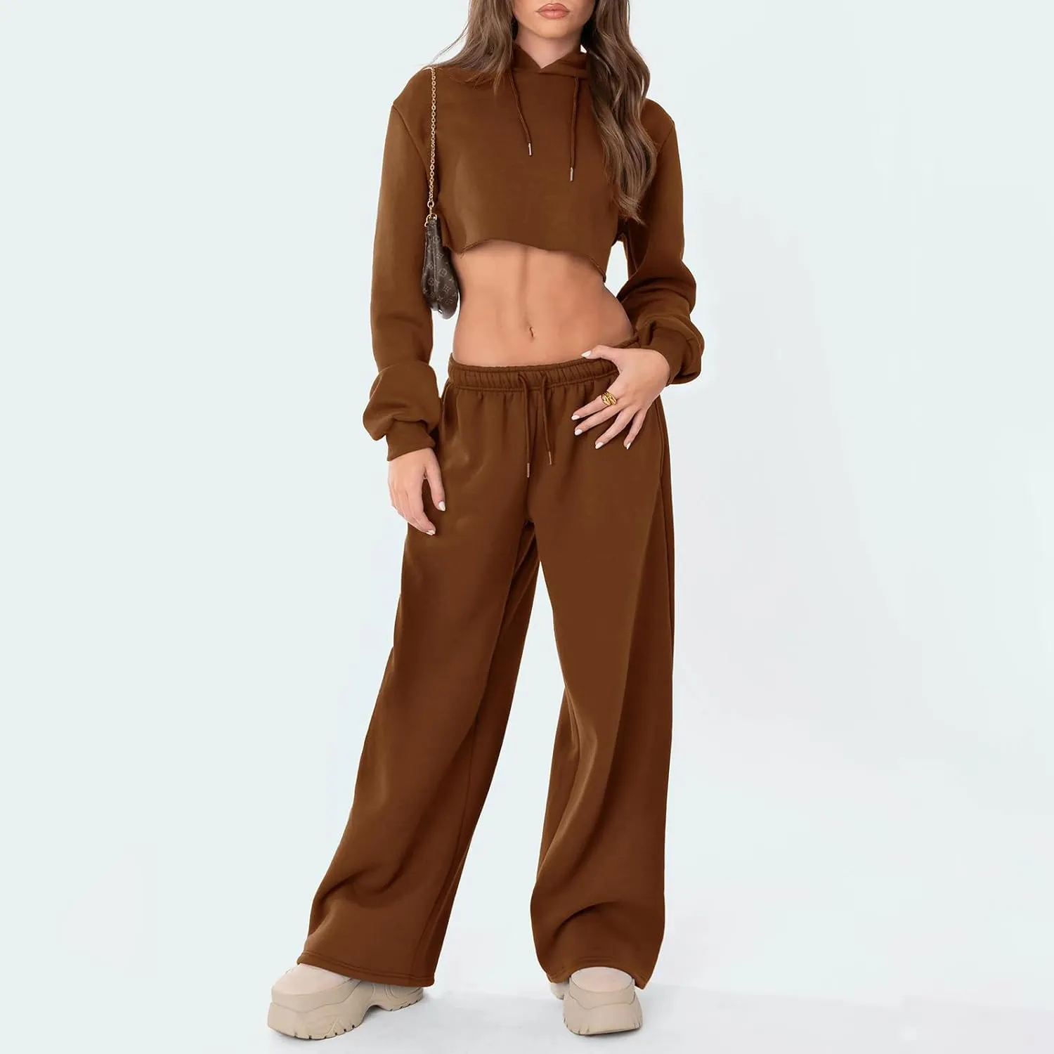 Women Casual Baggy Sweatpants Solid Color Joggers Lounge Pants Drawstring High Waist Wide Leg Trousers