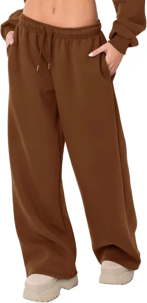 Women Casual Baggy Sweatpants Solid Color Joggers Lounge Pants Drawstring High Waist Wide Leg Trousers