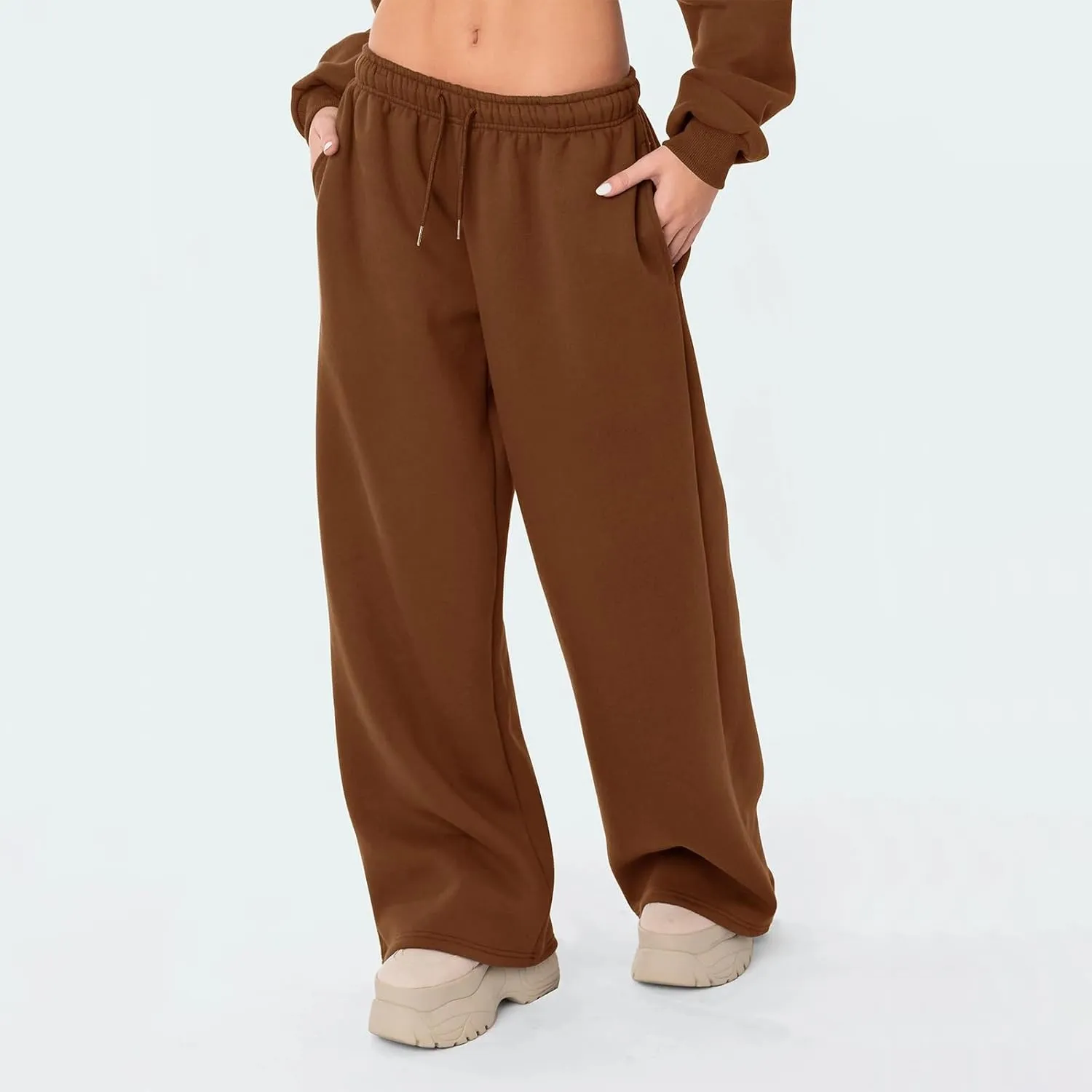 Women Casual Baggy Sweatpants Solid Color Joggers Lounge Pants Drawstring High Waist Wide Leg Trousers