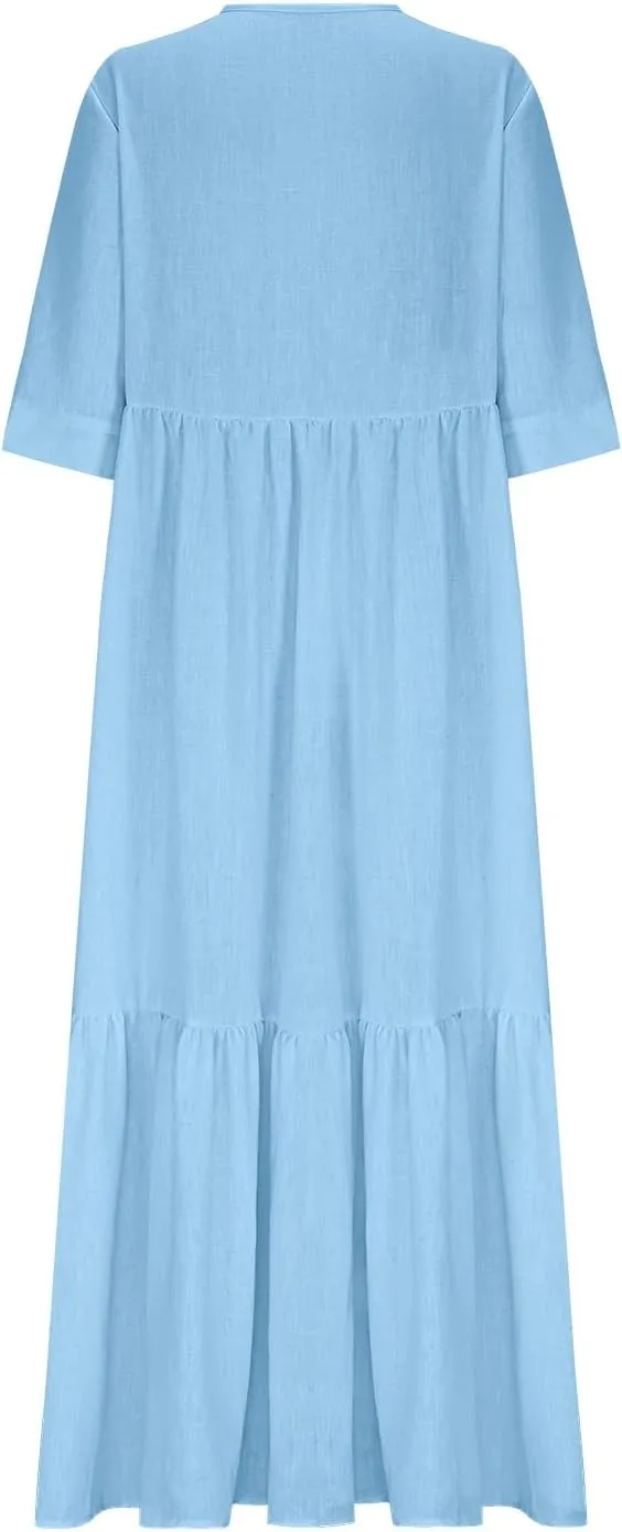 Women Cotton Linen Flowy Beach Dress Sexy Deep V Neck Lace-Up A-Line Dresses Summer Half Sleeve Ruffle Maxi Dress