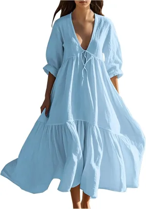 Women Cotton Linen Flowy Beach Dress Sexy Deep V Neck Lace-Up A-Line Dresses Summer Half Sleeve Ruffle Maxi Dress