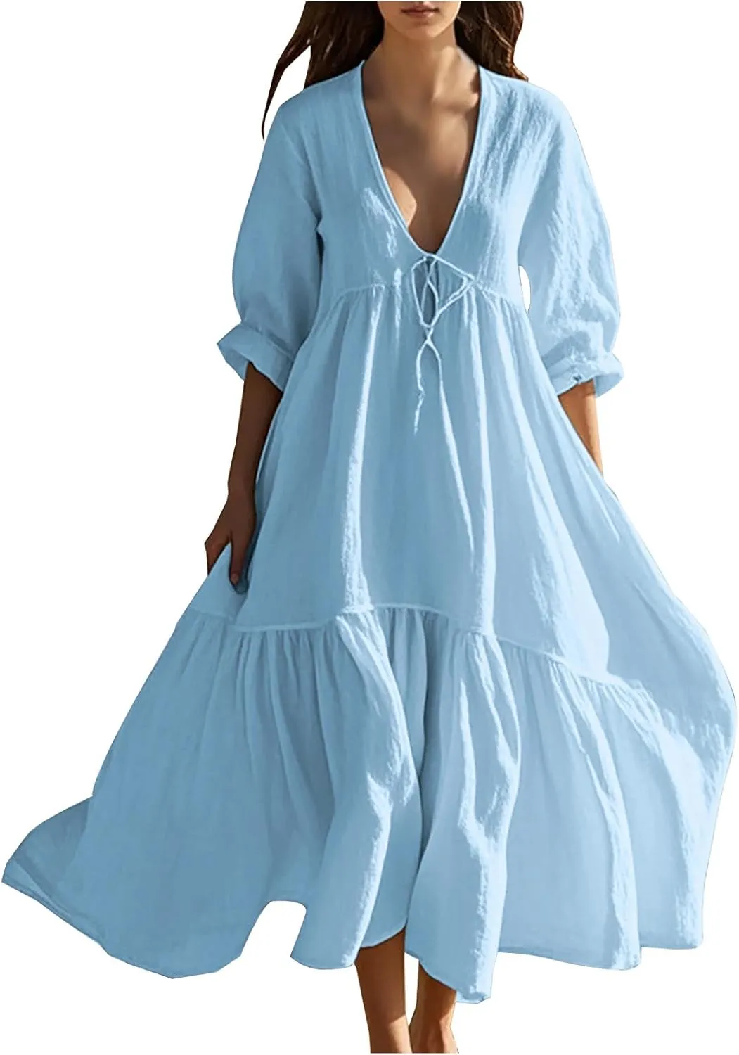Women Cotton Linen Flowy Beach Dress Sexy Deep V Neck Lace-Up A-Line Dresses Summer Half Sleeve Ruffle Maxi Dress