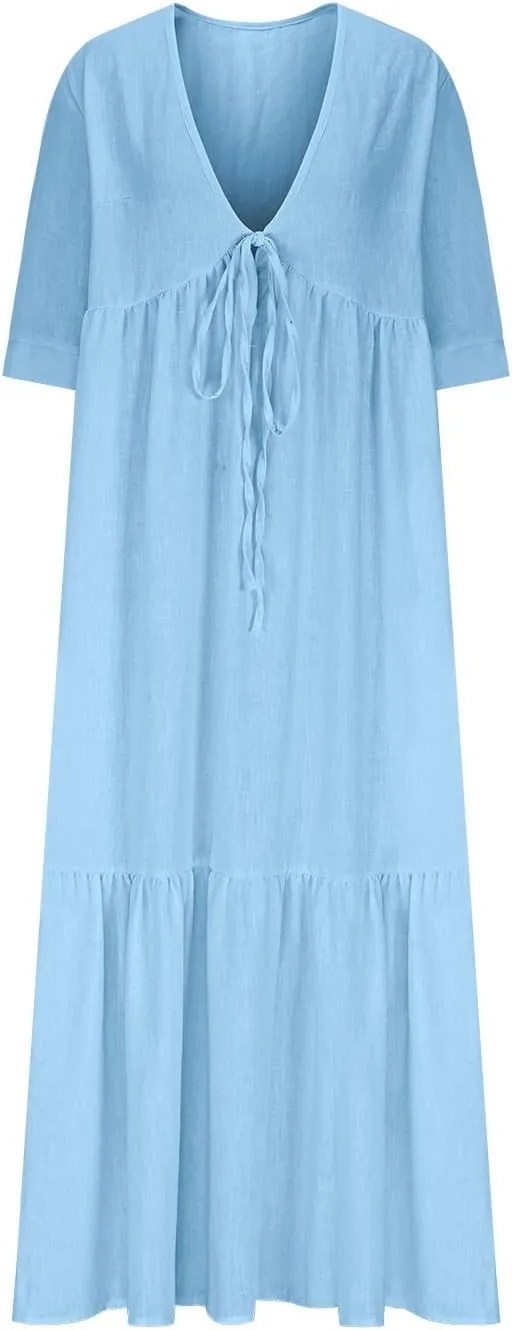 Women Cotton Linen Flowy Beach Dress Sexy Deep V Neck Lace-Up A-Line Dresses Summer Half Sleeve Ruffle Maxi Dress