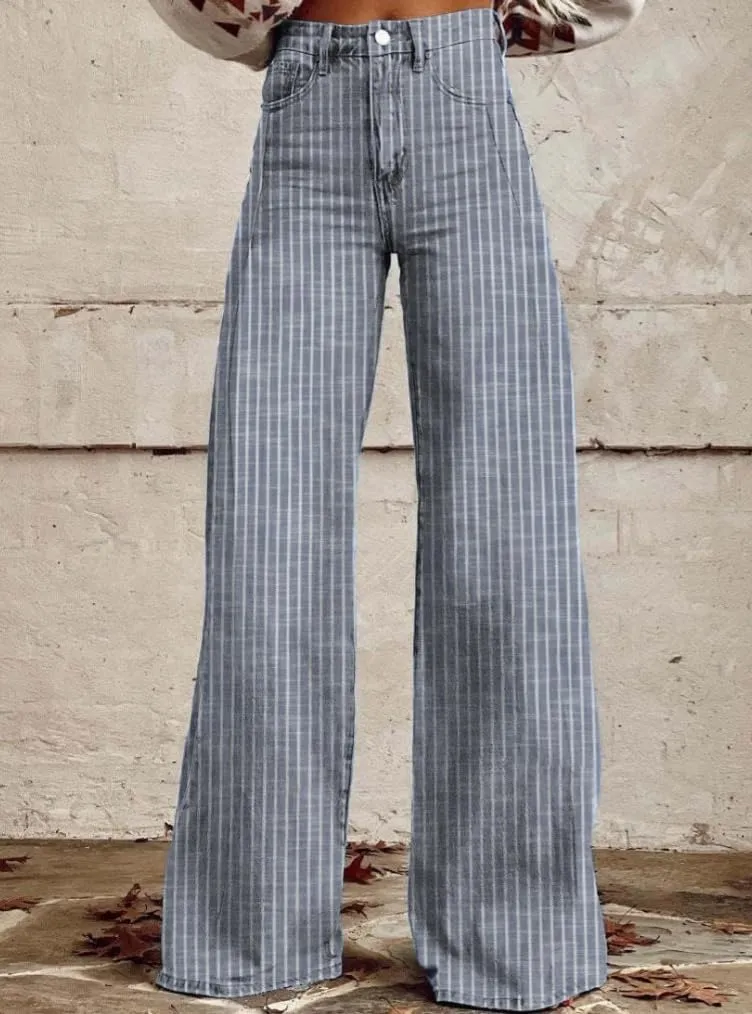 Women Fashion Striped Jeans Y2k High Waist Wide Leg Denim Pants Casual Baggy Boyfriend Trousers with Pockets