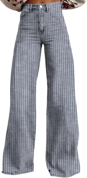 Women Fashion Striped Jeans Y2k High Waist Wide Leg Denim Pants Casual Baggy Boyfriend Trousers with Pockets