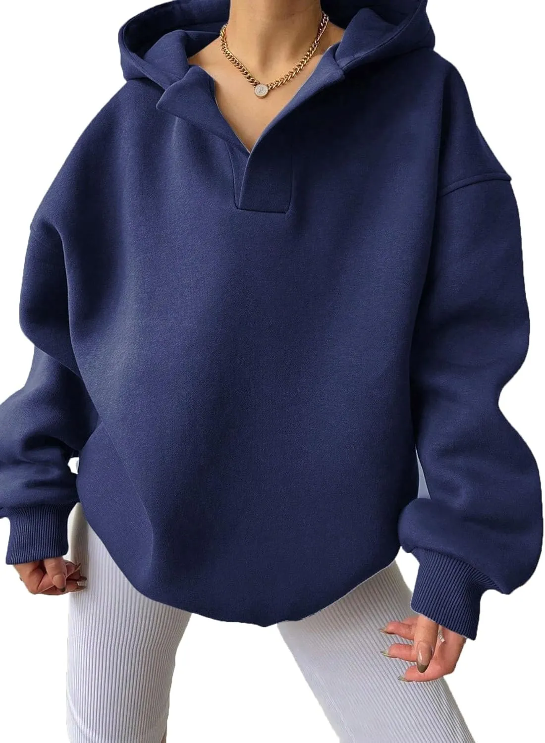 Women Hoodies Oversized Fleece Long Sleeve Comfy Casual V Neck Pullover Sweatshirts Preppy Clothes