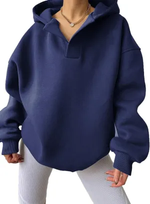 Women Hoodies Oversized Fleece Long Sleeve Comfy Casual V Neck Pullover Sweatshirts Preppy Clothes