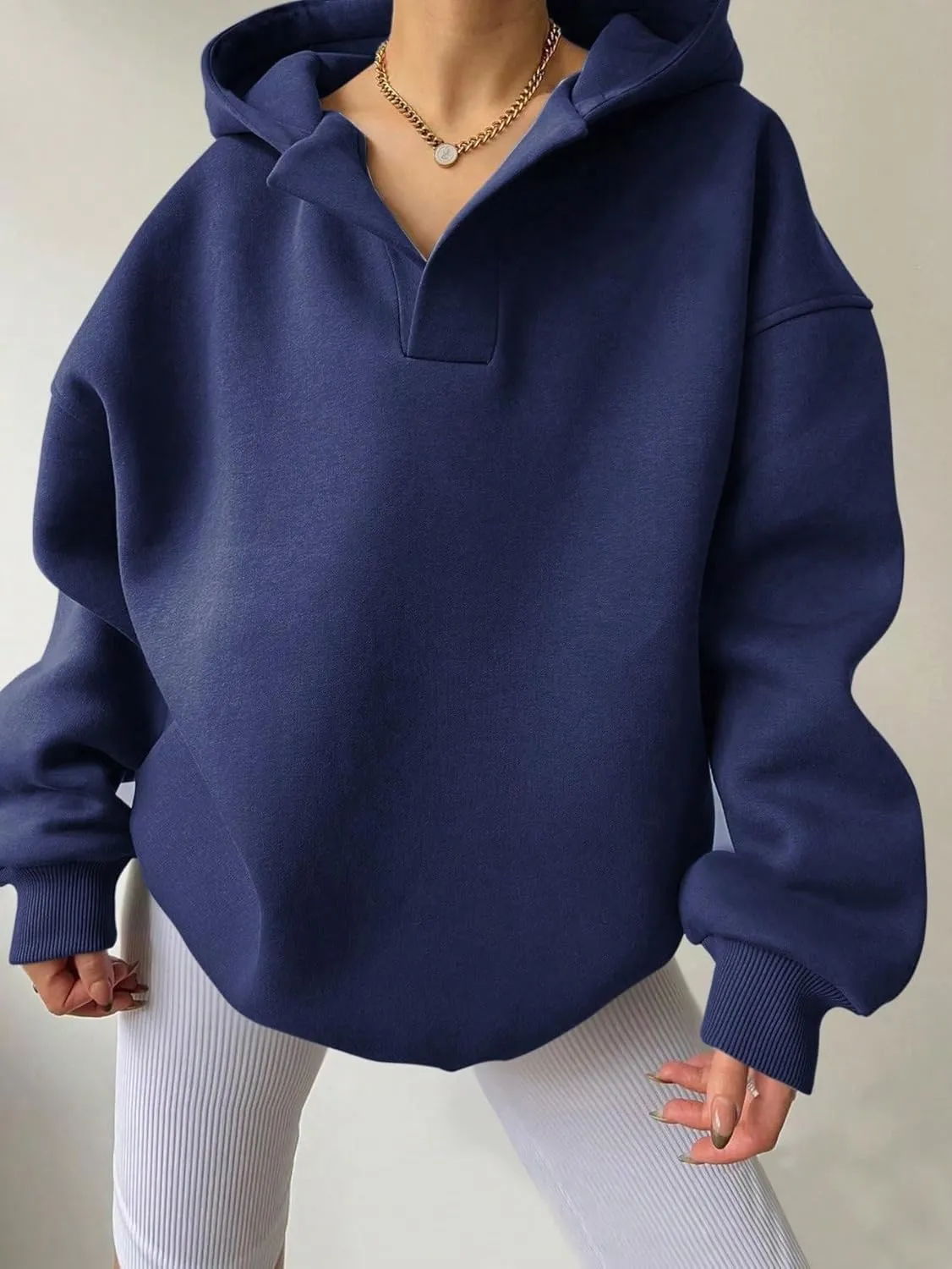 Women Hoodies Oversized Fleece Long Sleeve Comfy Casual V Neck Pullover Sweatshirts Preppy Clothes