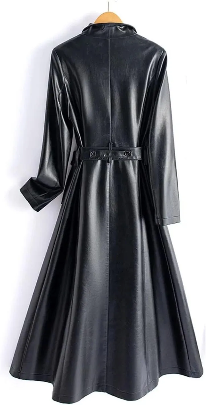Women Leather Long Trench Coat For Turn Down Collar Sheepskin Jacket With Belt Windbreaker