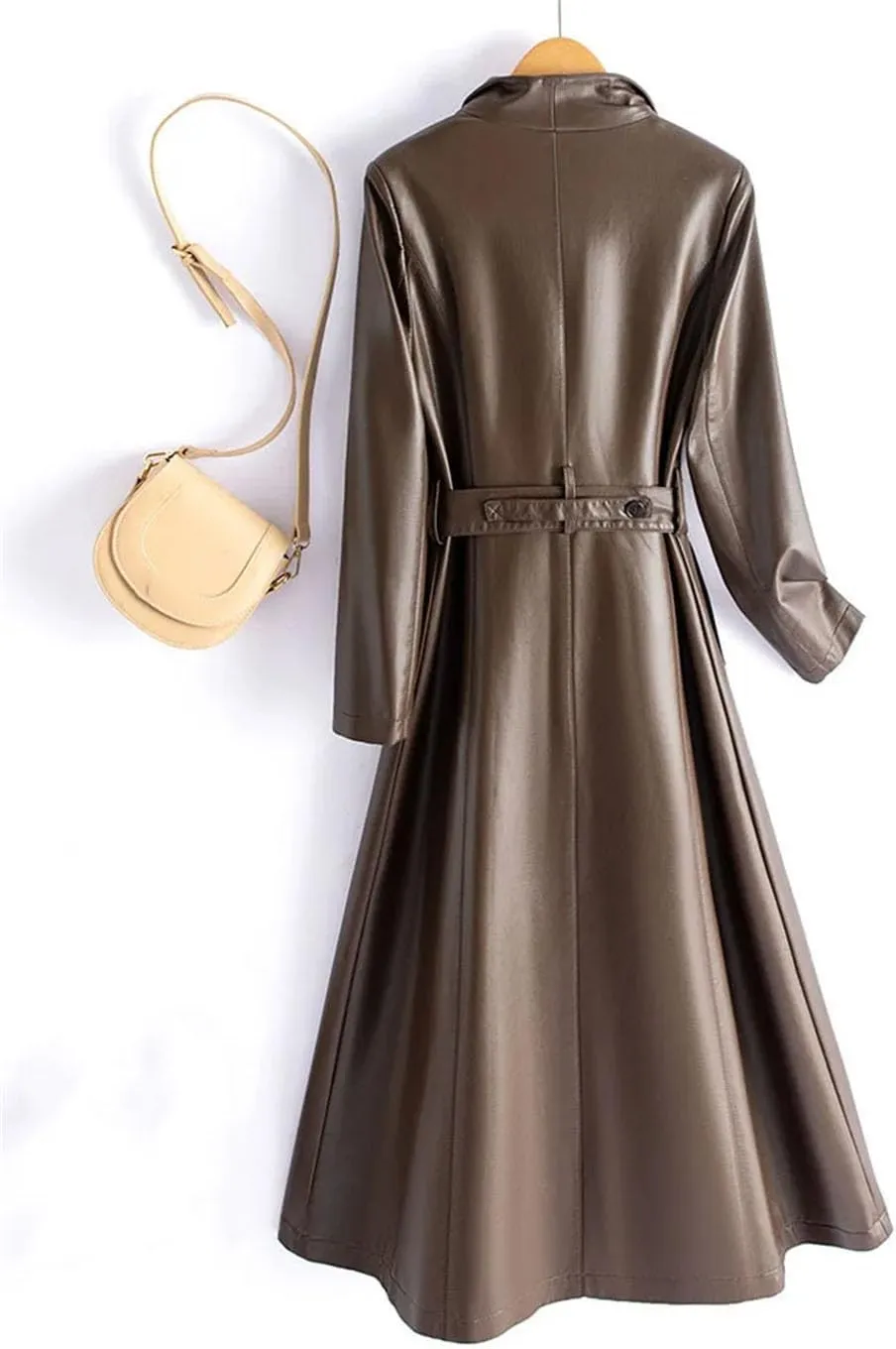 Women Leather Long Trench Coat For Turn Down Collar Sheepskin Jacket With Belt Windbreaker