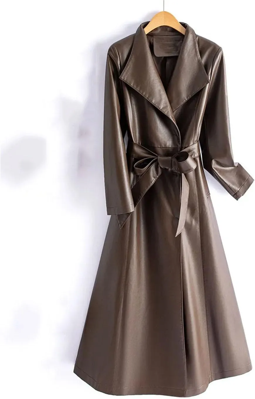 Women Leather Long Trench Coat For Turn Down Collar Sheepskin Jacket With Belt Windbreaker