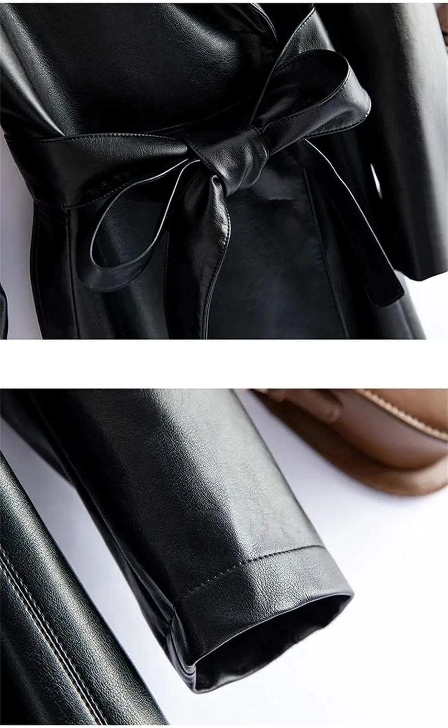 Women Leather Long Trench Coat For Turn Down Collar Sheepskin Jacket With Belt Windbreaker