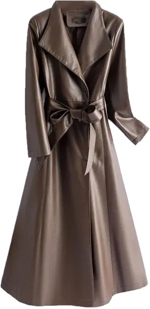 Women Leather Long Trench Coat For Turn Down Collar Sheepskin Jacket With Belt Windbreaker