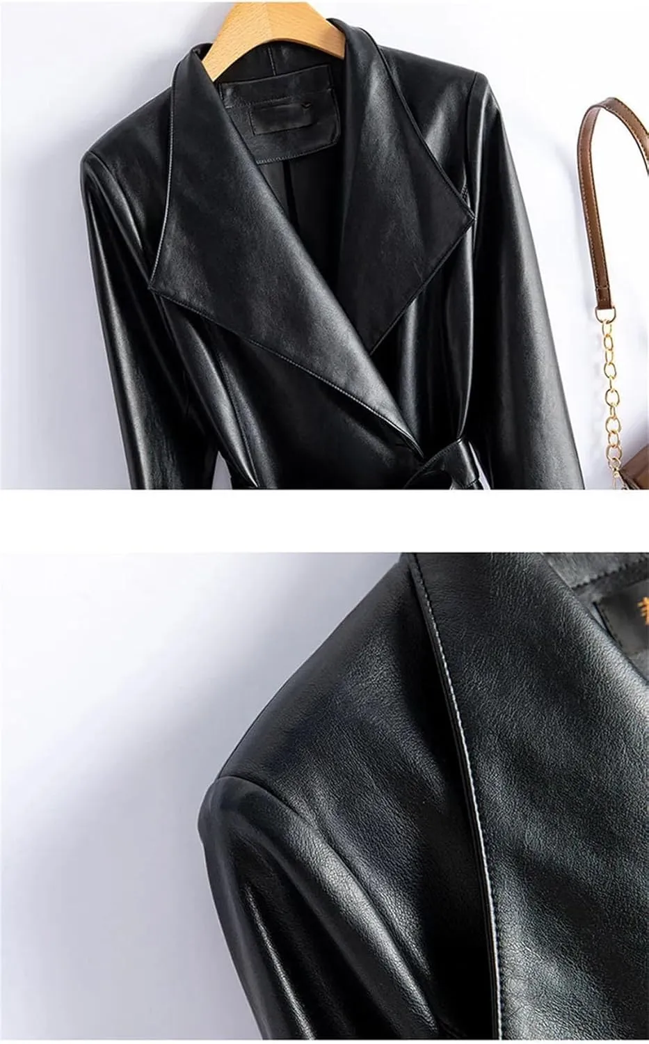 Women Leather Long Trench Coat For Turn Down Collar Sheepskin Jacket With Belt Windbreaker