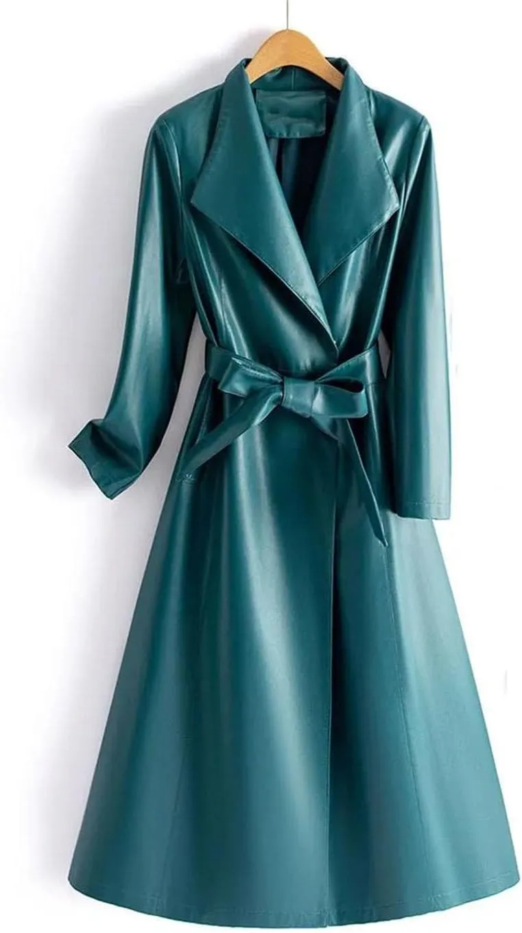 Women Leather Long Trench Coat For Turn Down Collar Sheepskin Jacket With Belt Windbreaker