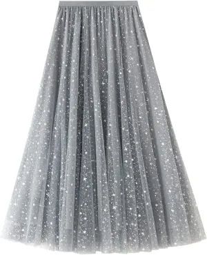 Women Mesh Tutu Maxi Skirts Sequin Glitter Layered Elastic High Waist A-Line Swing Skirts Y2k Party Streetwear
