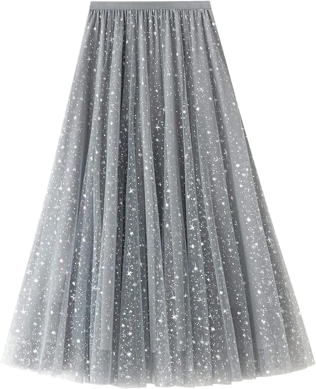 Women Mesh Tutu Maxi Skirts Sequin Glitter Layered Elastic High Waist A-Line Swing Skirts Y2k Party Streetwear