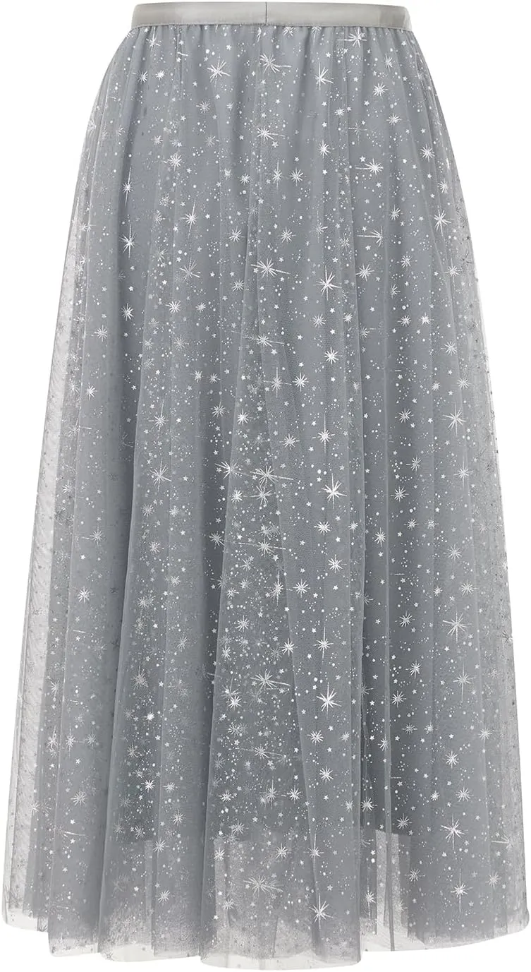 Women Mesh Tutu Maxi Skirts Sequin Glitter Layered Elastic High Waist A-Line Swing Skirts Y2k Party Streetwear