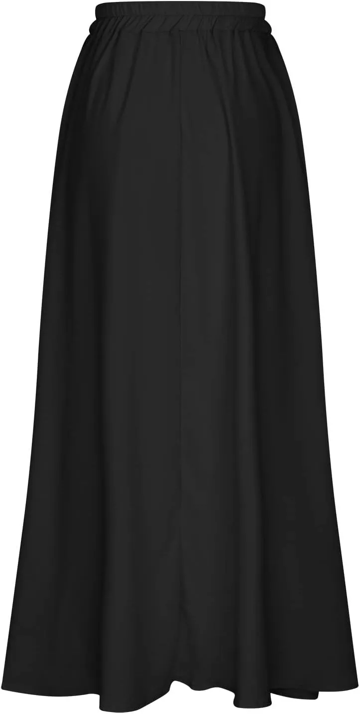 Women Plus Size Maxi Skirt Casual Loose Fit Pleated Retro Elastic High Waist Flowy Swing Long Floor Length Skirts