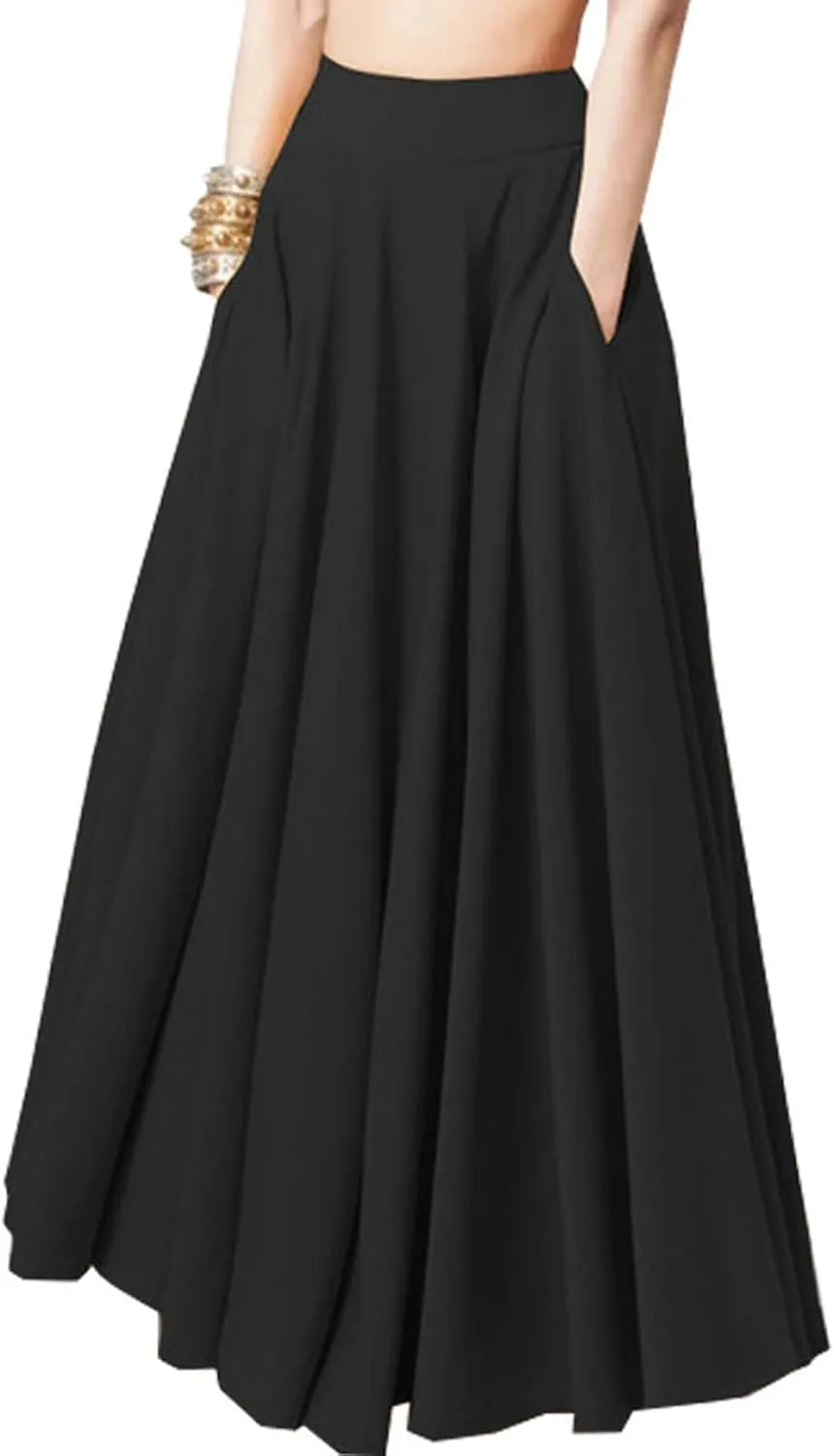 Women Plus Size Maxi Skirt Casual Loose Fit Pleated Retro Elastic High Waist Flowy Swing Long Floor Length Skirts