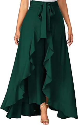 Women Ruffle Pants Split High Waist Maxi Long Crepe Palazzo Overlay Pant Skirt Night Club Cocktail Party Gift