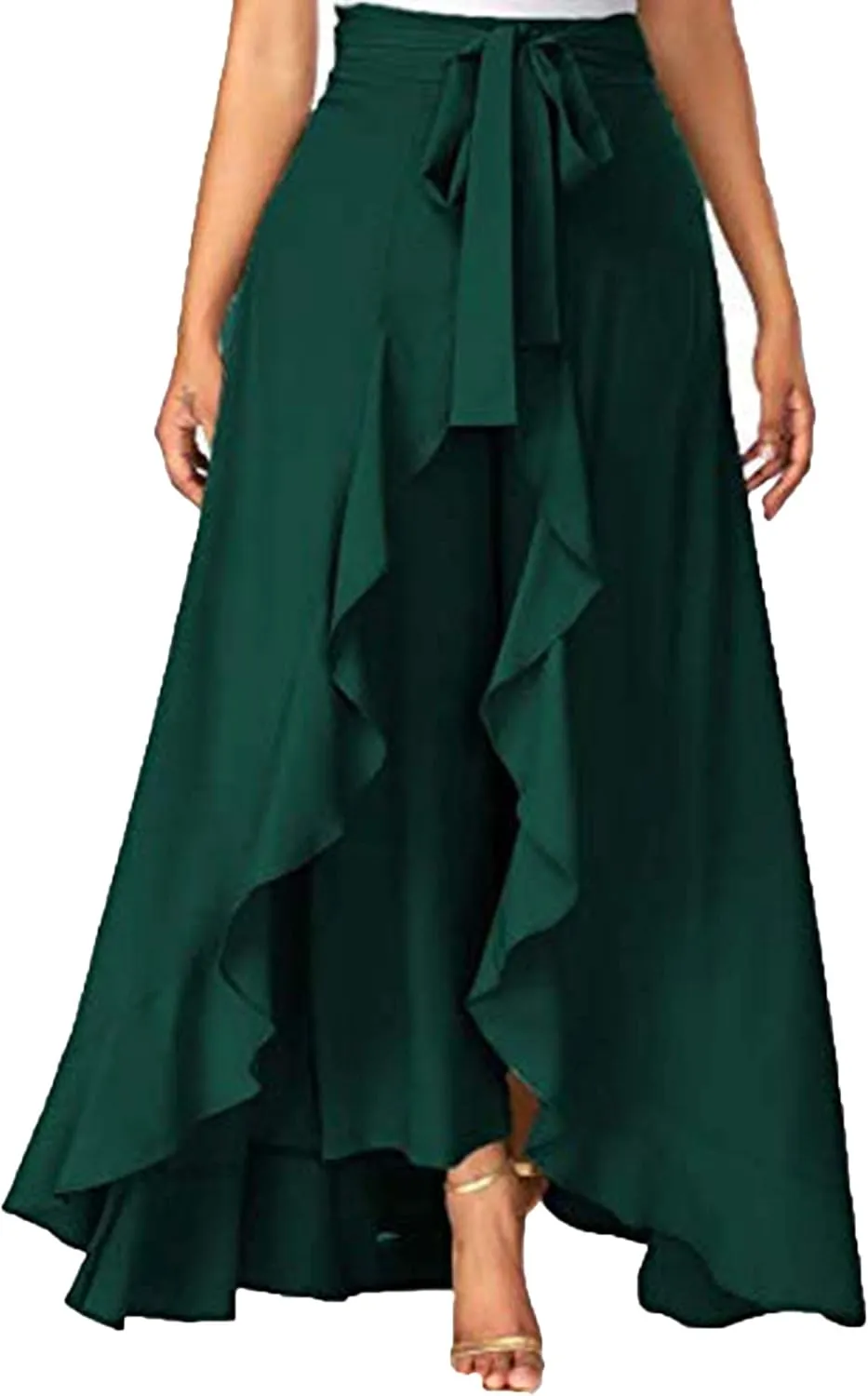Women Ruffle Pants Split High Waist Maxi Long Crepe Palazzo Overlay Pant Skirt Night Club Cocktail Party Gift