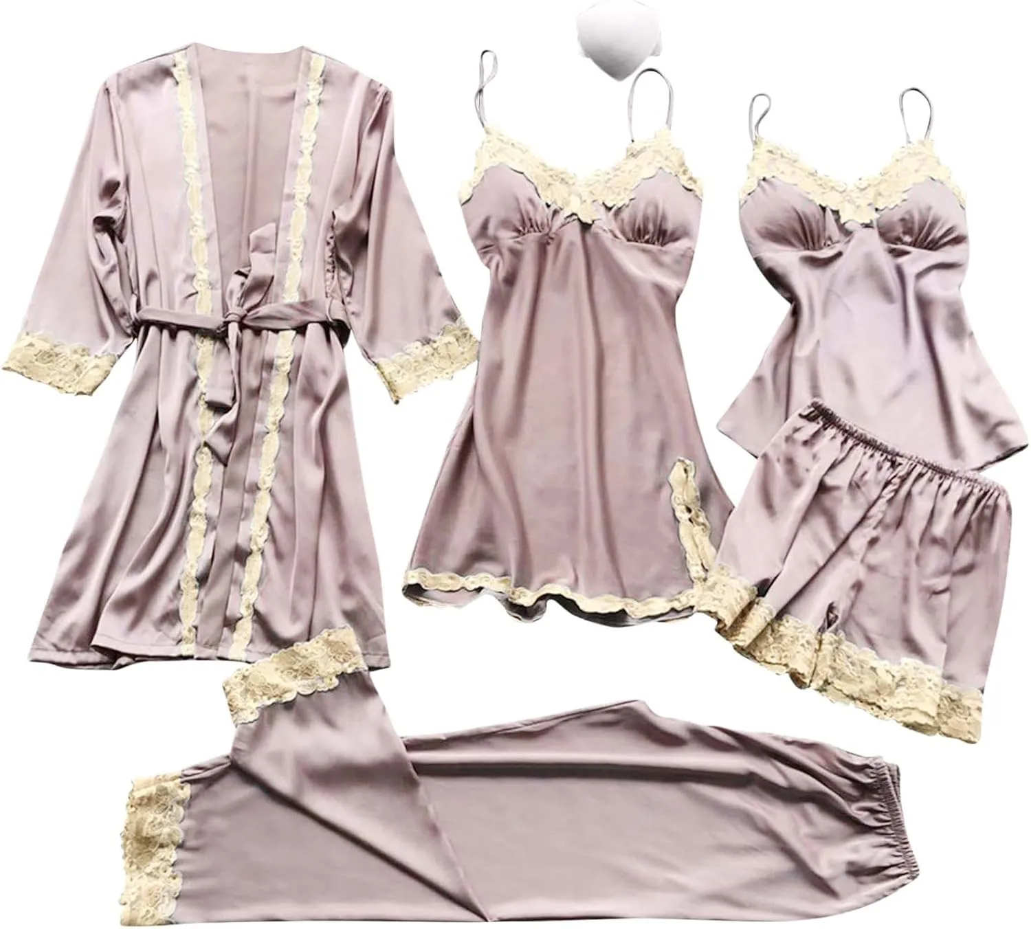 Women Satin Pajamas Set Lace Trim Loungewear Cami Top Slit Nightdress Shorts Pants and Robe 5 Piece Sleepwear