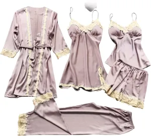 Women Satin Pajamas Set Lace Trim Loungewear Cami Top Slit Nightdress Shorts Pants and Robe 5 Piece Sleepwear