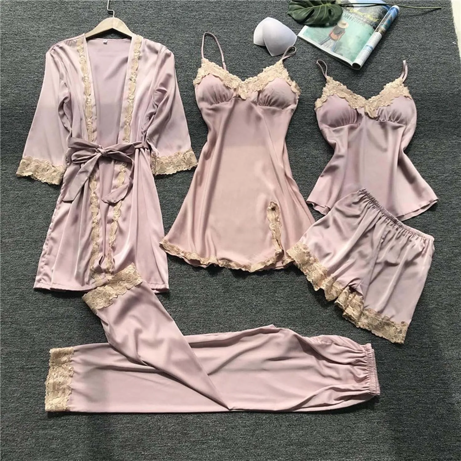 Women Satin Pajamas Set Lace Trim Loungewear Cami Top Slit Nightdress Shorts Pants and Robe 5 Piece Sleepwear