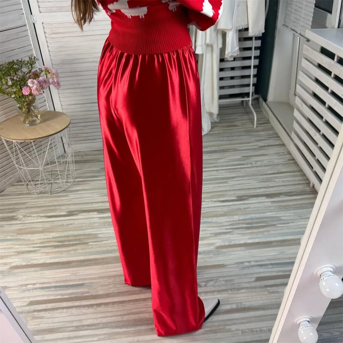Women Satin Wide Leg Dress Pants Silk Casual Dressy Long Flowy Pants Elastic High Waisted Trousers