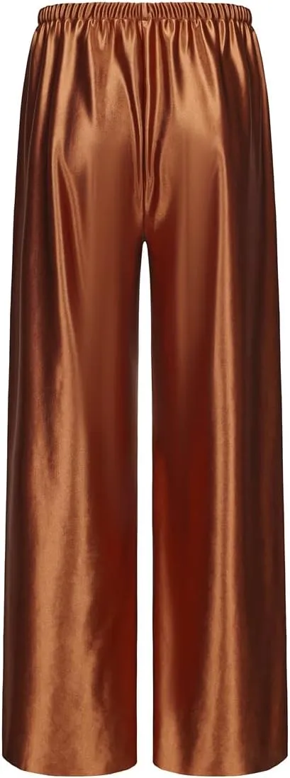 Women Satin Wide Leg Dress Pants Silk Casual Dressy Long Flowy Pants Elastic High Waisted Trousers