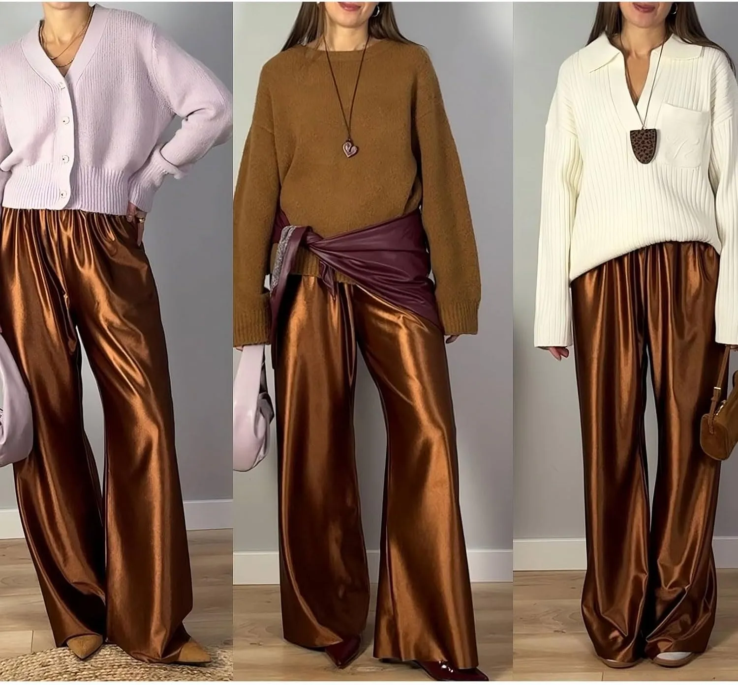 Women Satin Wide Leg Dress Pants Silk Casual Dressy Long Flowy Pants Elastic High Waisted Trousers