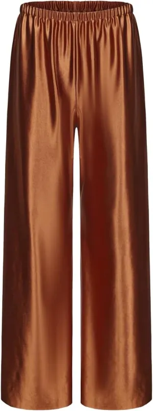 Women Satin Wide Leg Dress Pants Silk Casual Dressy Long Flowy Pants Elastic High Waisted Trousers