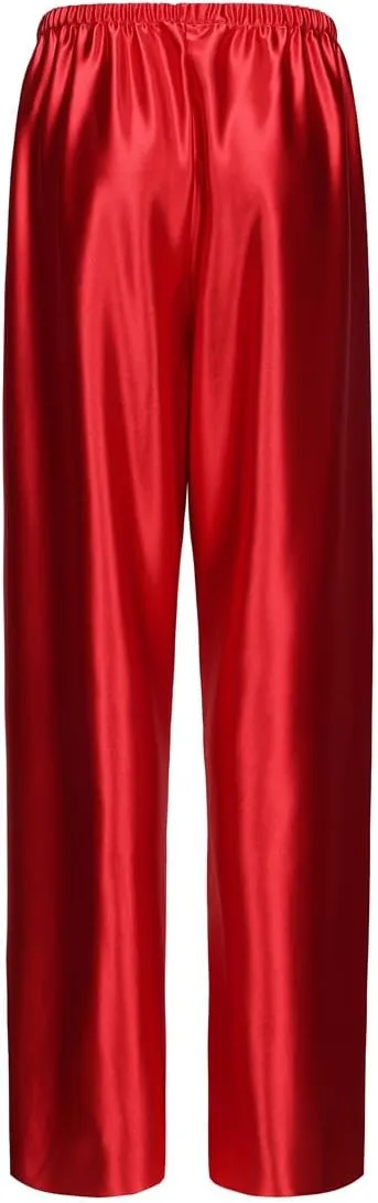 Women Satin Wide Leg Dress Pants Silk Casual Dressy Long Flowy Pants Elastic High Waisted Trousers