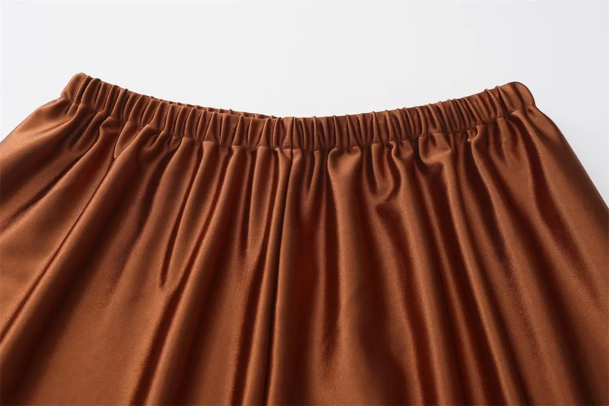 Women Satin Wide Leg Dress Pants Silk Casual Dressy Long Flowy Pants Elastic High Waisted Trousers