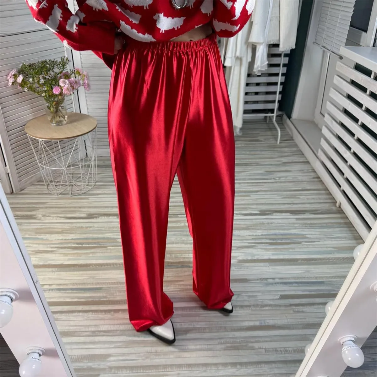 Women Satin Wide Leg Dress Pants Silk Casual Dressy Long Flowy Pants Elastic High Waisted Trousers