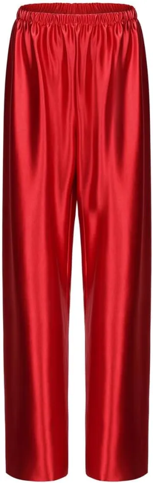 Women Satin Wide Leg Dress Pants Silk Casual Dressy Long Flowy Pants Elastic High Waisted Trousers