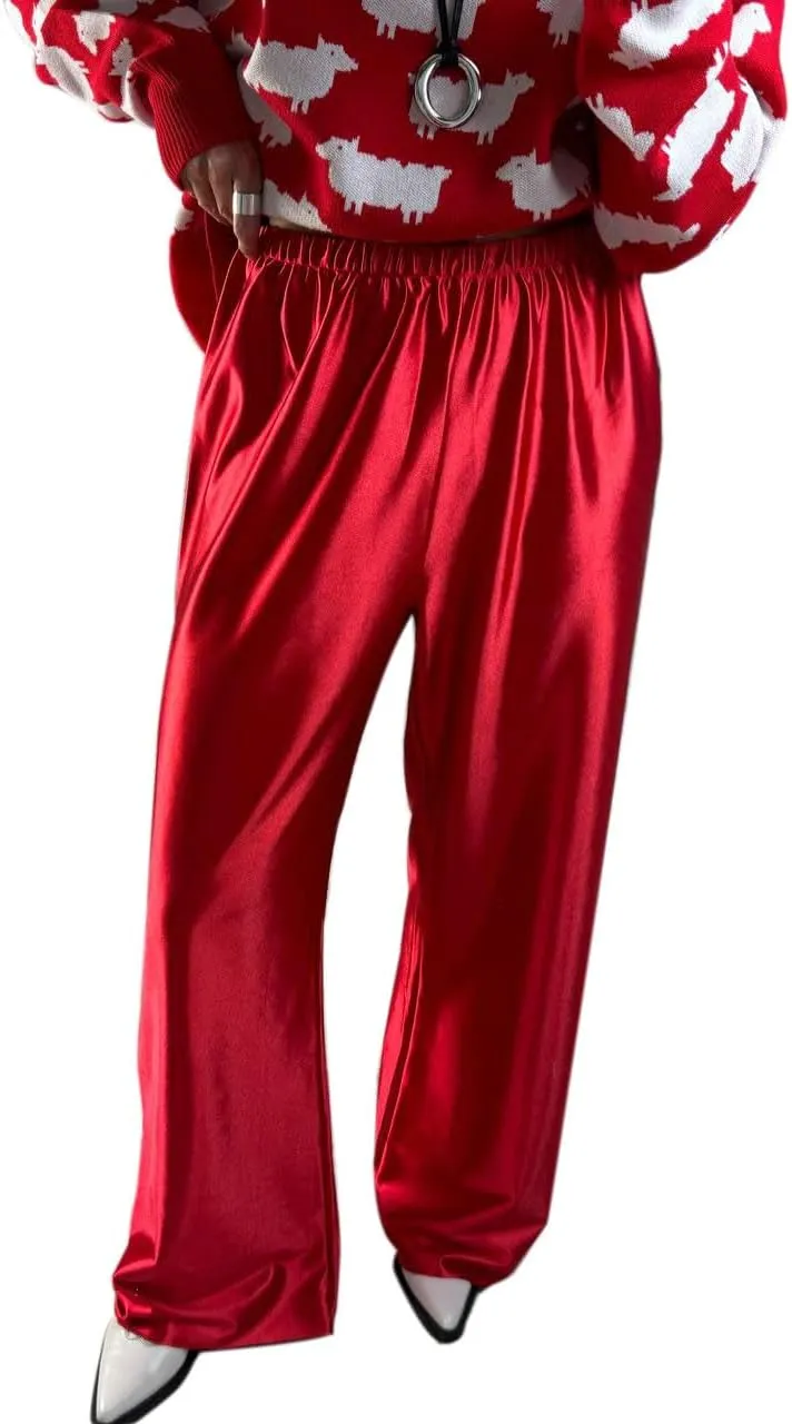 Women Satin Wide Leg Dress Pants Silk Casual Dressy Long Flowy Pants Elastic High Waisted Trousers