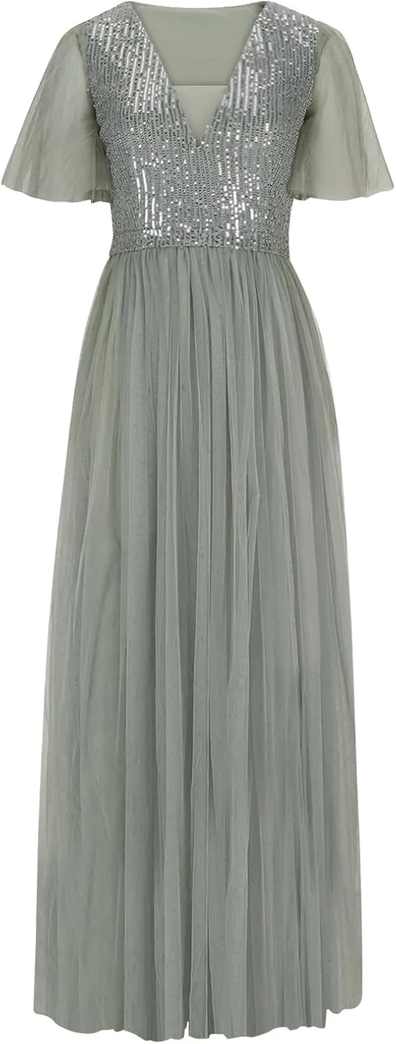 Women Sequins Mesh Formal Dress Pleated A-Line Evening Gown Short Sleeve V Neck Bridesmaids Empire Waist Swing Dress